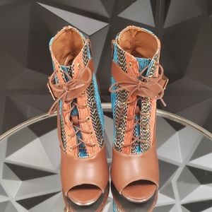 Peep Toe Lace Up Heel(Orange/Teal/Brown)